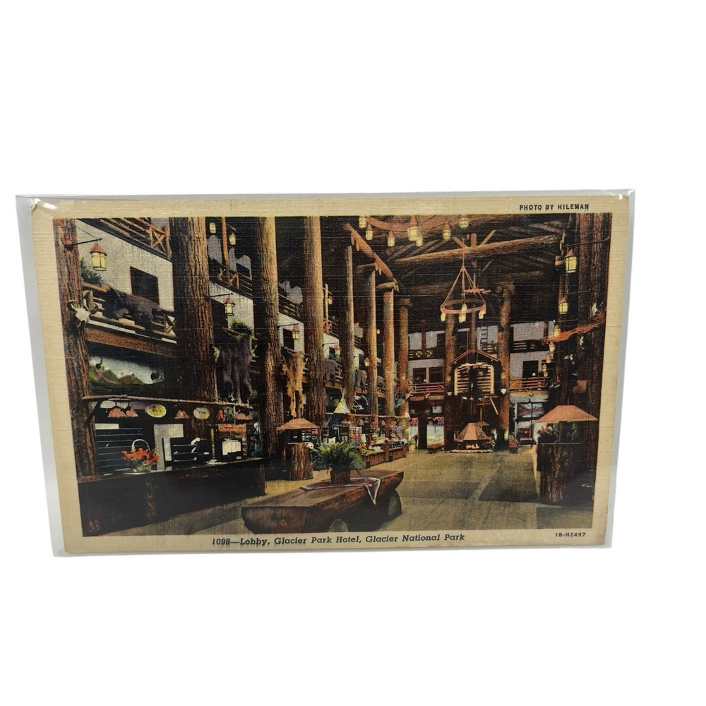 Glacier Park Hotel Lobby Glacier National Park Curt Teich Vintage Linen Postcard